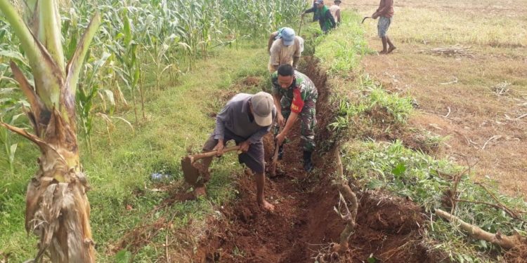 Sukseskan Program Ketahanan Pangan, Babinsa Keling Bersama Petani Bangun Saluran Irigasi