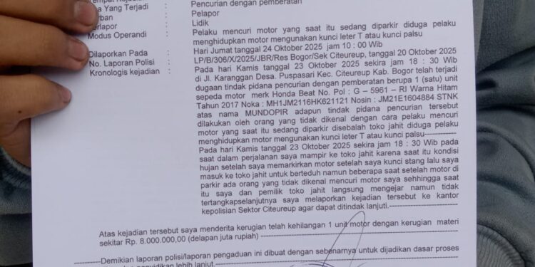 Honda Beat Warga Raib di Samping Ruko Jahit, Pelaku Kabur Saat Ditegur Saksi